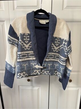 Flashback Blue & Cream Patterned Shawl-Collar Cardigan
